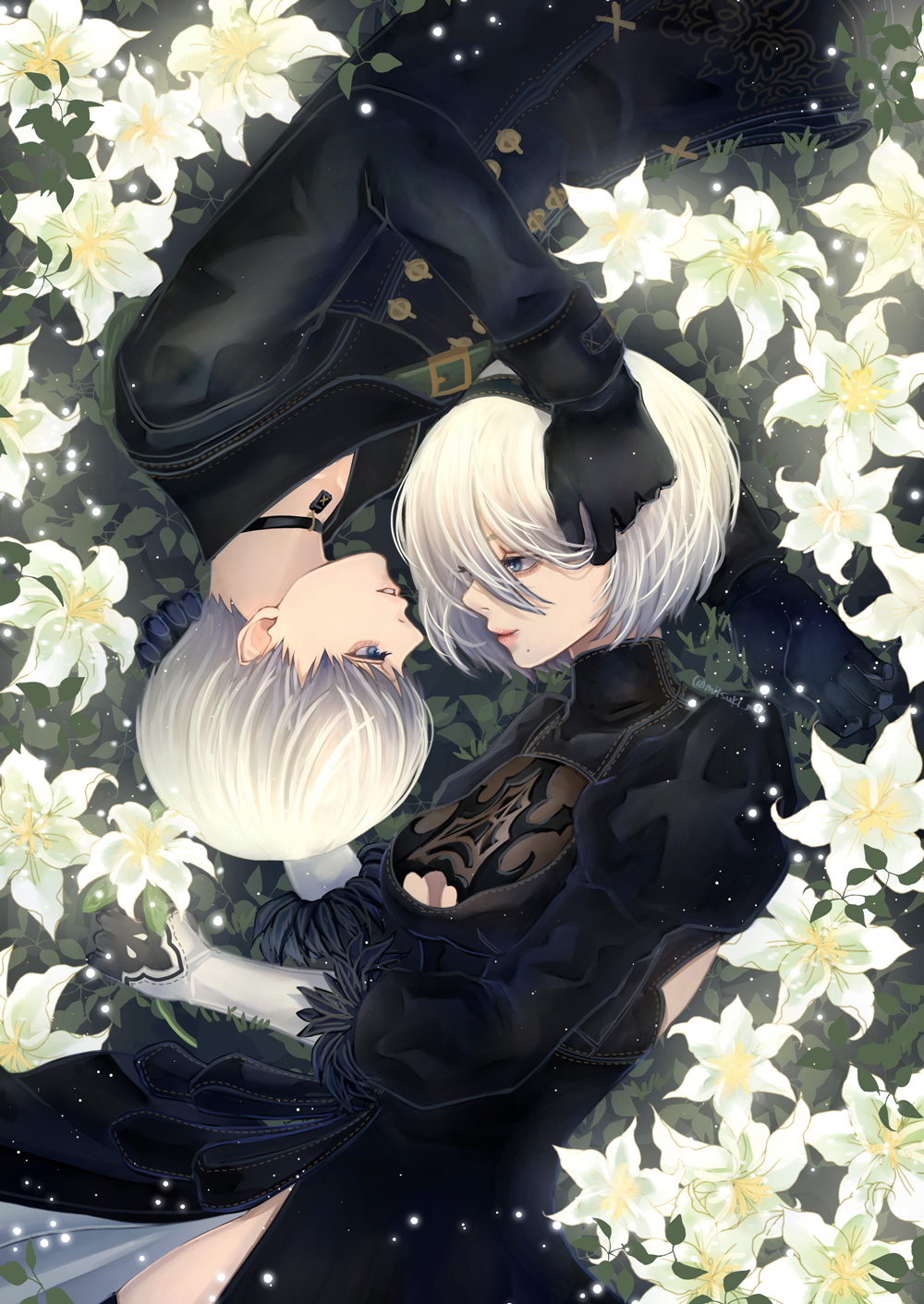 mitsuki nite, 2b (nier:automata), 9s (nier:automata), nier:automata, nier (series), commentary, highres, 1boy, 1girl, black choker, black dress, black gloves, black hairband, black jacket, blue eyes, breasts, choker, cleavage cutout, closed mouth, clothing cutout, dress, eye contact, flower, from above, gloves, grey hair, grin, hairband, hand on another's head, jacket, juliet sleeves, lily (flower), long sleeves, looking at another, lying, medium breasts, mole, mole under eye, multiple boys, on side, pendant choker, profile, puffy sleeves, short hair, sideways mouth, smile, upside-down, white flower
