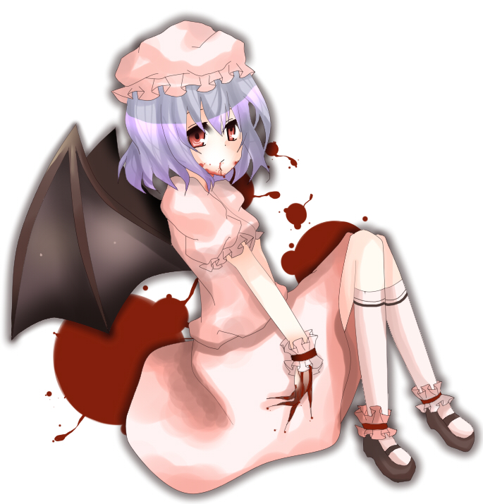 uranaishi (miraura), mirage, remilia scarlet, touhou, bad id, bad pixiv id, 1girl, blood, blue hair, female focus, hat, ribbon, solo, wings