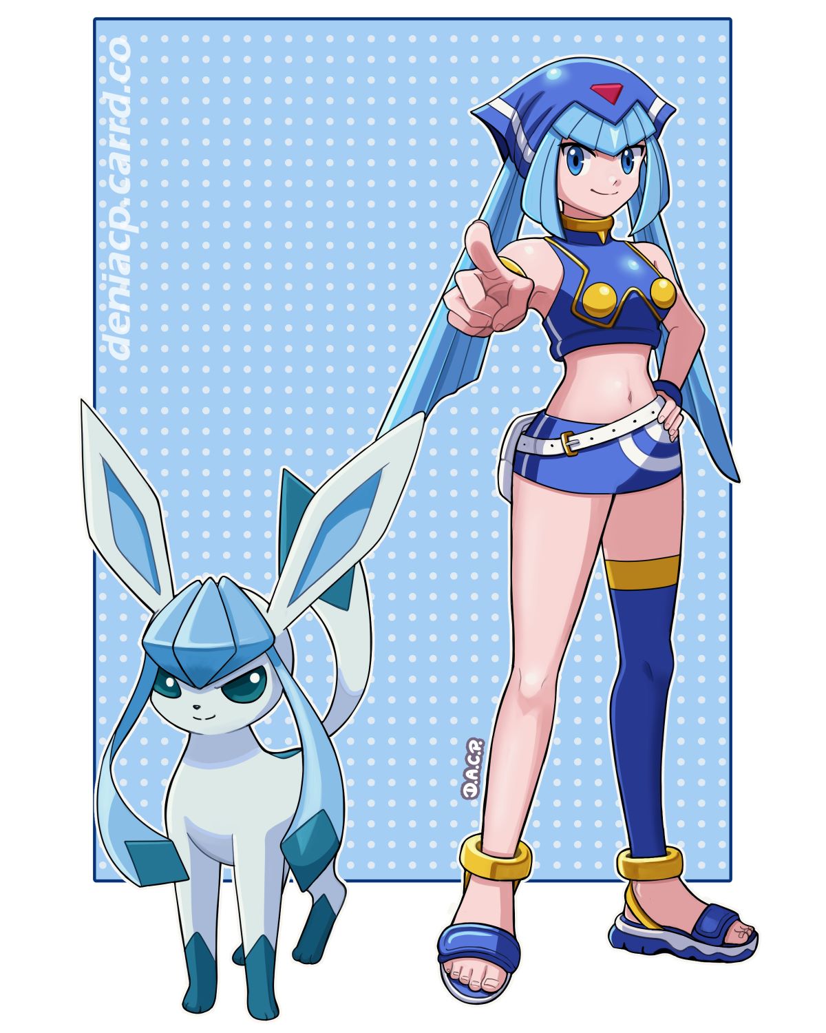 deniacp, fairy leviathan (mega man), glaceon, mega man (series), mega man zero (series), nintendo, pokemon, highres, 1girl, bare shoulders, blue background, blue eyes, blue hair, blue shirt, blue skirt, blue thighhighs, border, cropped shirt, crossover, full body, gen 4 pokemon, hand on own hip, midriff, miniskirt, navel, pokemon (creature), polka dot, polka dot background, shirt, simple background, single thighhigh, skirt, standing, thighhighs, watermark, web address, white border