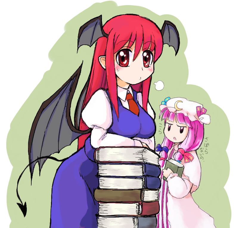 sotto, koakuma, patchouli knowledge, embodiment of scarlet devil, touhou, 2girls, book, breasts, female focus, hat, head wings, large breasts, multiple girls, ribbon, wings