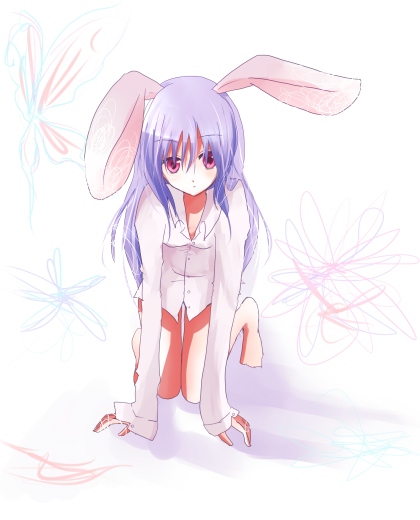 ichika, miyako hana, reisen udongein inaba, touhou, bad id, bad pixiv id, 1girl, all fours, animal ears, female focus, legs, rabbit ears, shirt, solo, white background