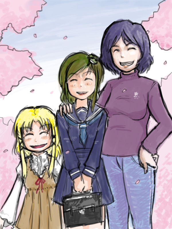 pe-tan, kochiya sanae, moriya suwako, yasaka kanako, touhou, bad id, bad pixiv id, 3girls, alternate costume, blonde hair, blue hair, breasts, dress, family, female focus, green hair, multiple girls, nature, outdoors, plant, ribbon, school uniform, serafuku, skirt, sky