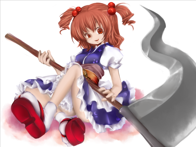 aoi mitsuru, onozuka komachi, touhou, 1girl, female focus, full body, red hair, scythe, sitting, solo, white background