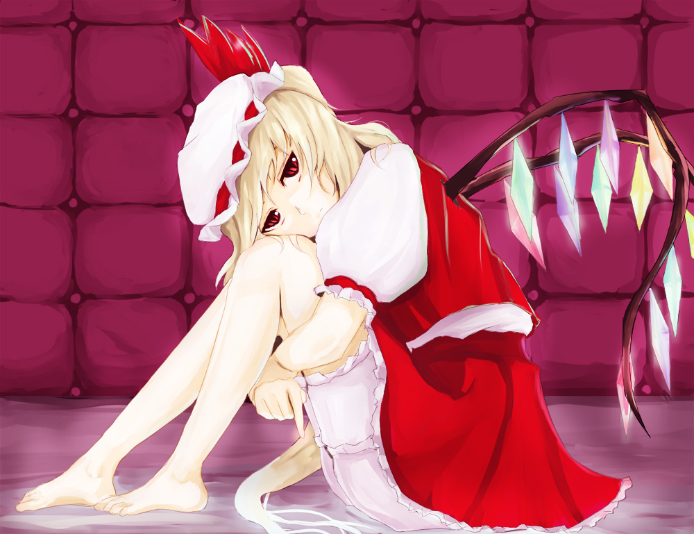 interstellar, flandre scarlet, touhou, 1girl, barefoot, blonde hair, blouse, crystal, feet, female focus, from side, frown, full body, hat, long hair, mob cap, red eyes, shirt, sitting, solo, white shirt, wings