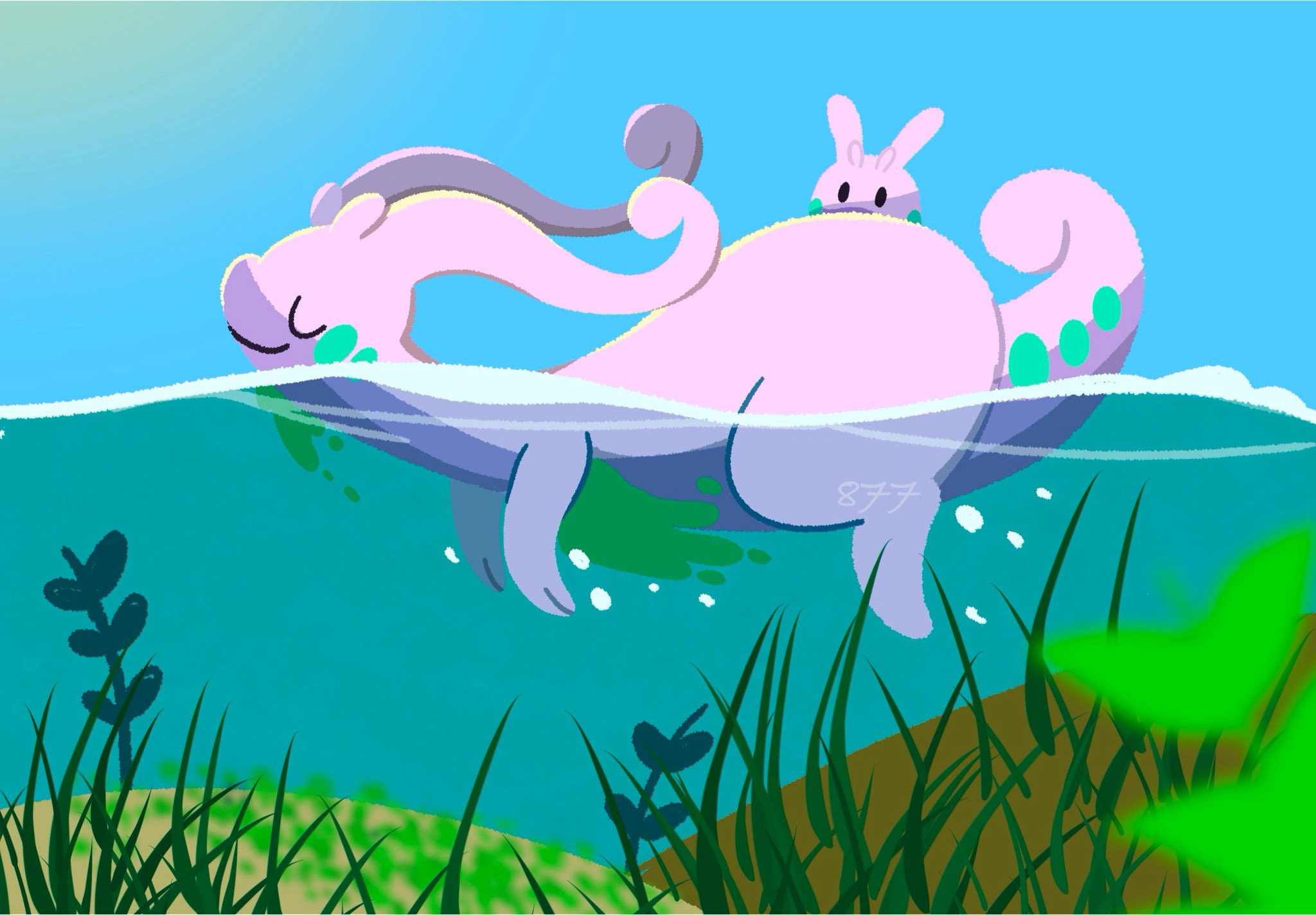 iltuki, goodra, goomy, nintendo, pokemon, highres, blue sky, closed eyes, closed mouth, colored skin, dragon, full body, gen 6 pokemon, no humans, outdoors, partially submerged, plant, pokemon (creature), pokemon focus, purple skin, sky, smile, swimming, tail, water