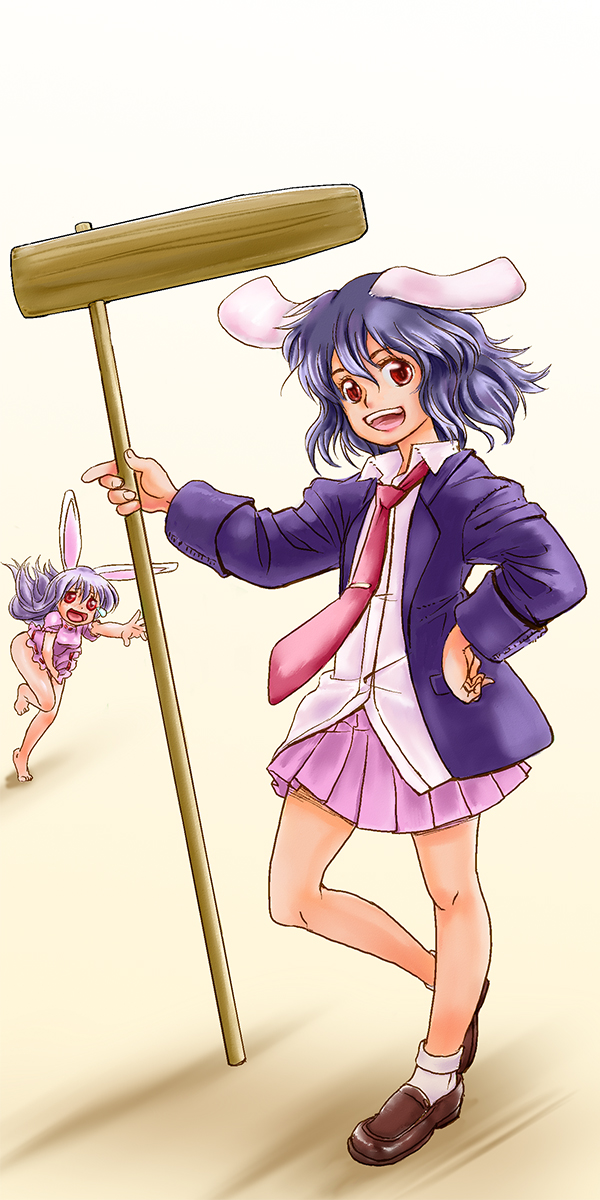 note-takahashi, takahashi note, inaba tewi, reisen udongein inaba, touhou, highres, 2girls, animal ears, barefoot, cosplay, costume switch, female focus, hammer, inaba tewi (cosplay), multiple girls, rabbit ears, reisen udongein inaba (cosplay)