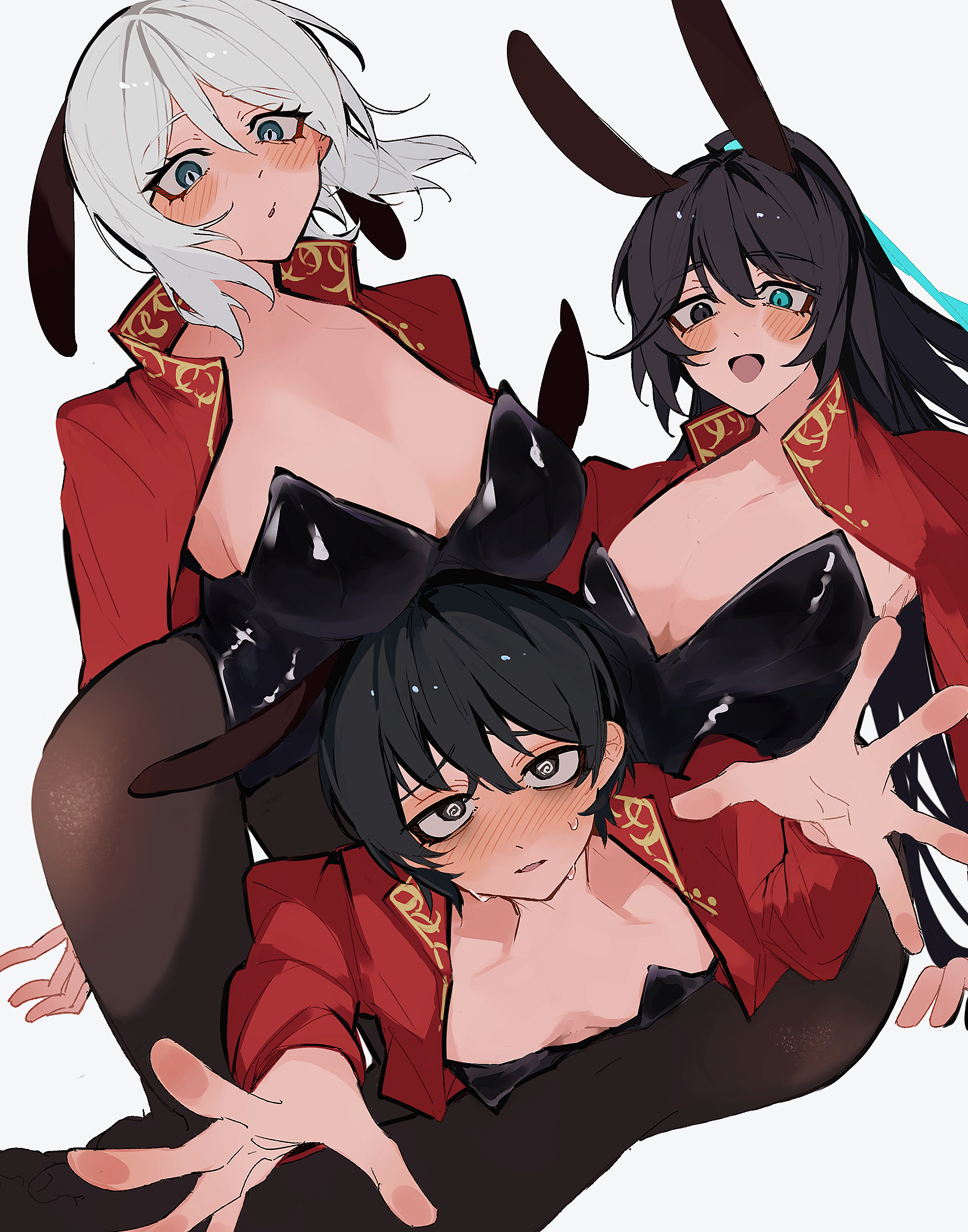 nakame77, faust (project moon), hong lu (project moon), yi sang (project moon), limbus company, project moon, absurdres, highres, 1girl, 2boys, :d, @ @, alternate costume, animal ears, black eyes, black hair, black leotard, black pantyhose, blue eyes, blush, breasts, cleavage, crossdressing, crossdressing (mtf), full-face blush, gold trim, heterochromia, high ponytail, jacket, large breasts, leotard, liu association south uniform, long hair, long sleeves, looking at another, looking at viewer, male playboy bunny, multiple boys, open mouth, pantyhose, ponytail, rabbit ears, red jacket, short hair, simple background, smile, strapless, strapless leotard, sweatdrop, upper body, white background, white hair