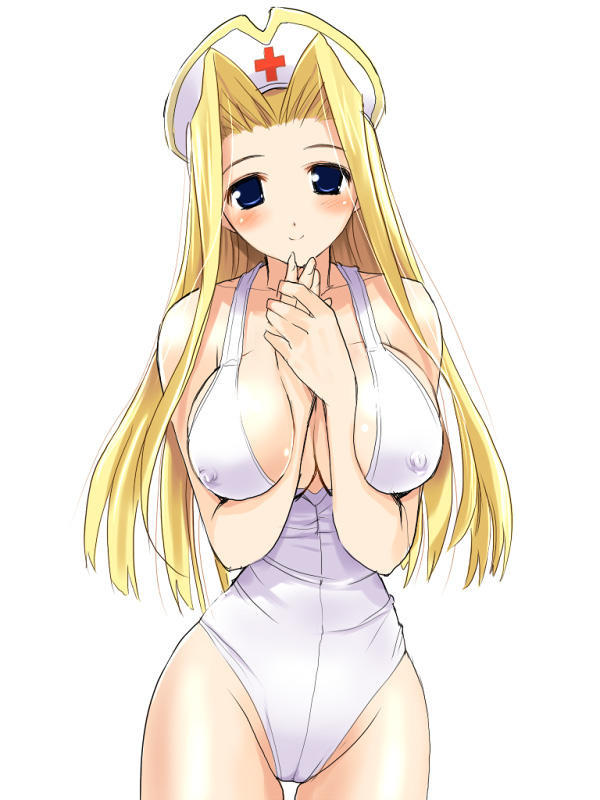 mint adenade, blonde hair, blue eyes, blush, cameltoe, long hair, nipples, nurse, smile
