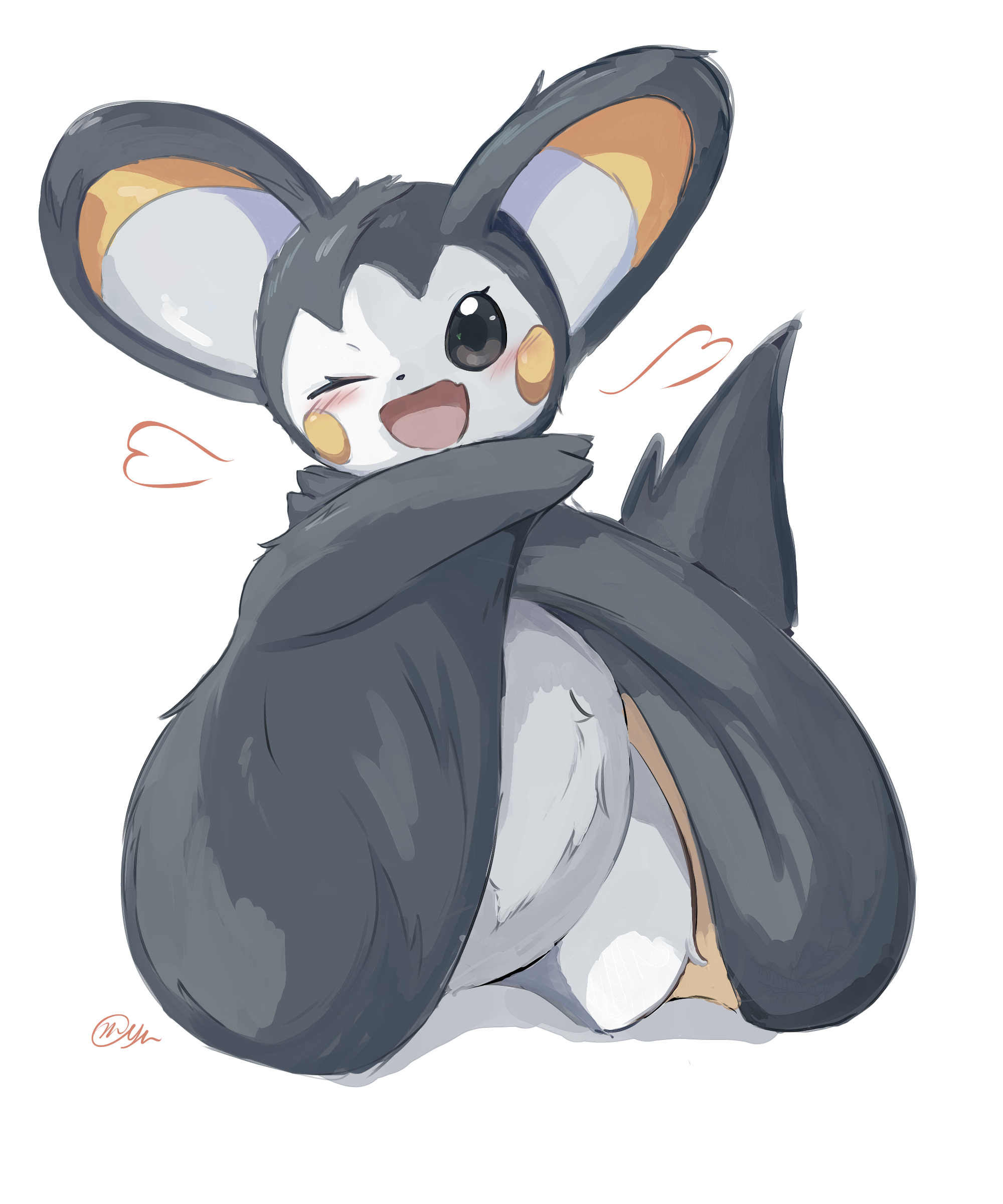 floameya, emolga, nintendo, pokemon, absurdres, highres, animal focus, blush, brown eyes, flying squirrel, full body, gen 5 pokemon, heart, looking at viewer, no humans, one eye closed, open mouth, pokemon (creature), pokemon focus, simple background, smile, solo, squirrel, tail