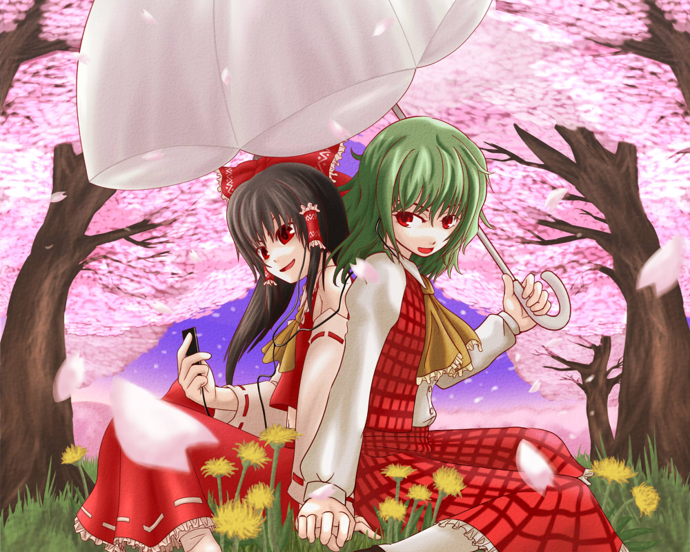 tori rui, hakurei reimu, kazami yuuka, phantasmagoria of flower view, touhou, 2girls, ascot, digital media player, female focus, green hair, holding, holding umbrella, ipod, japanese clothes, miko, multiple girls, parasol, plaid clothes, plaid skirt, plaid vest, ribbon, skirt, skirt set, umbrella, vest, yuri