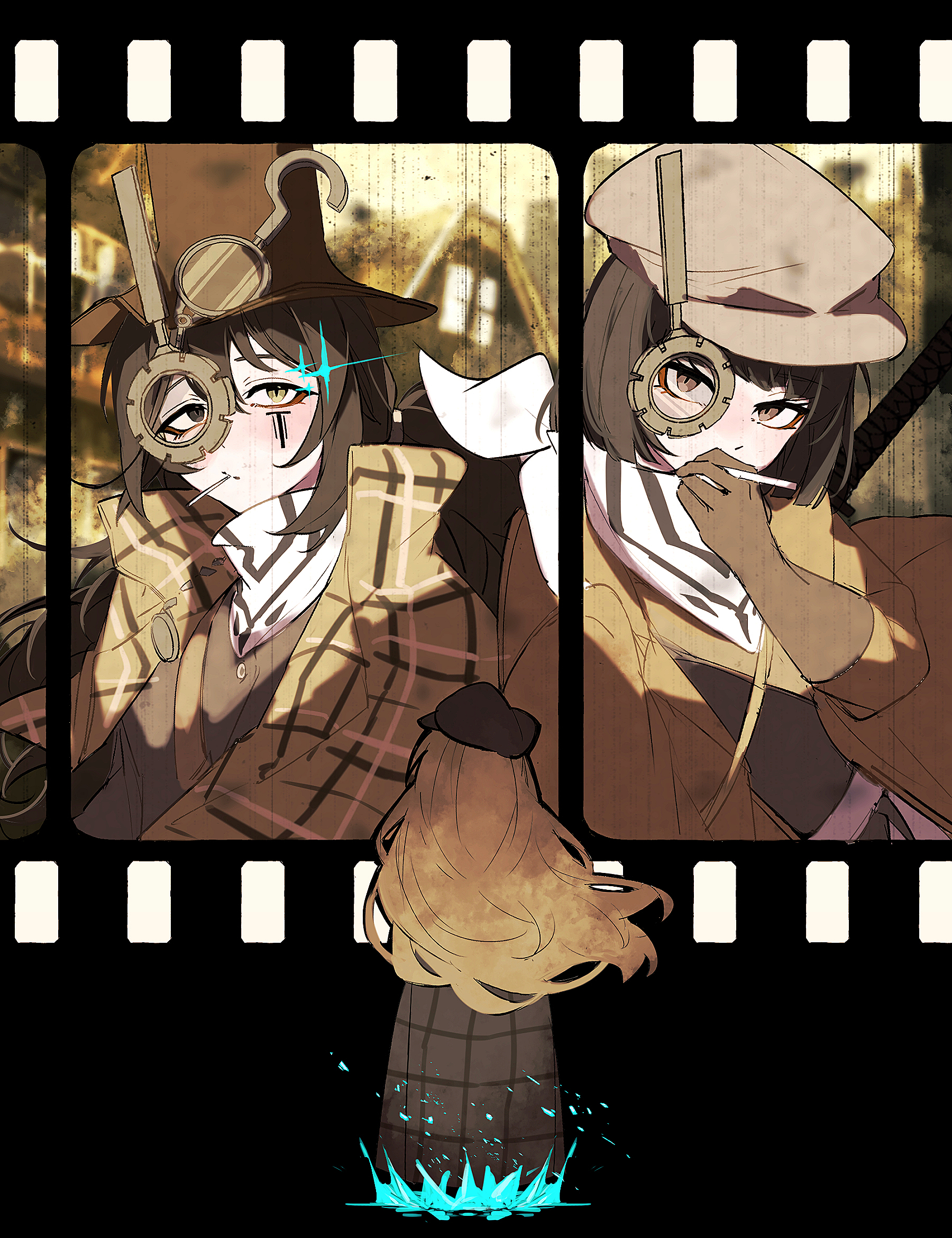 nakame77, hong lu (project moon), rodion (project moon), ryoshu (project moon), limbus company, project moon, highres, 1boy, 2girls, bandana, black background, black gloves, black hair, brown capelet, brown coat, brown eyes, brown gloves, brown hair, capelet, cigarette, coat, facing away, full body, gears, gloves, hat, heterochromia, long hair, long sleeves, looking at viewer, low ponytail, monocle, multiple girls, plaid capelet, plaid clothes, ponytail, short hair, simple background, smoking, standing, steampunk, top hat, upper body, white bandana, yurodiviye (identity) (project moon)