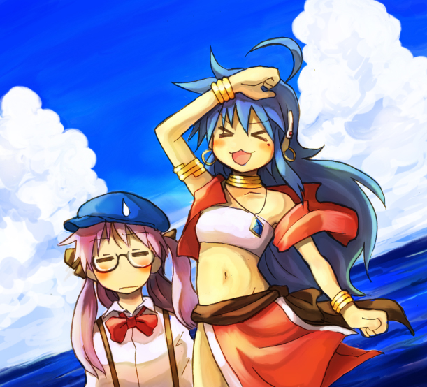 kusaka yoru, hiiragi kagami, izumi konata, jean roque lartigue, jean roque raltique, nadia la arwall, takara miyuki, fushigi no umi no nadia, lucky star, > <, 2girls, ahoge, armlet, bandeau, bandeau bikini, blue hair, blush, bow, bracelet, closed eyes, cloud, collarbone, cosplay, day, earrings, glasses, hair ornament, hair ribbon, hairclip, hat, jean roque lartigue (cosplay), jean roque raltique (cosplay), jewelry, loincloth, long hair, midriff, mole, mole under eye, multiple girls, nadia la arwall (cosplay), navel, neck ring, parody, pelvic curtain, purple hair, ribbon, sky, strapless, suspenders, sweatdrop, tube top, twintails, vest