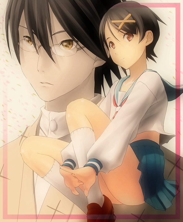 mak, fuura kafuka, itoshiki nozomu, sayonara zetsubou sensei, bad id, bad pixiv id, 00s, 1boy, 1girl, brown eyes, glasses, hair ornament, hairclip, japanese clothes, school uniform, serafuku, short hair, skirt, smile