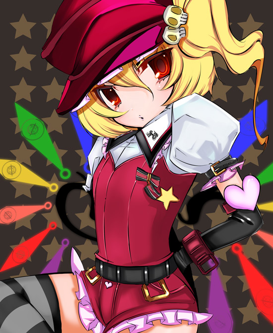 tetsubuta, flandre scarlet, touhou, bad id, bad pixiv id, 1girl, alternate costume, alternate headwear, arm behind back, belt, black gloves, blonde hair, brown background, buckle, elbow gloves, female focus, frilled shorts, frills, gloves, hair between eyes, hair ornament, hat, head tilt, heart, looking at viewer, no nose, one side up, puffy short sleeves, puffy sleeves, red eyes, red hat, red shorts, short shorts, short sleeves, shorts, skull hair ornament, solo, star (symbol), star symbol background, striped clothes, striped thighhighs, thighhighs, wing collar, wings