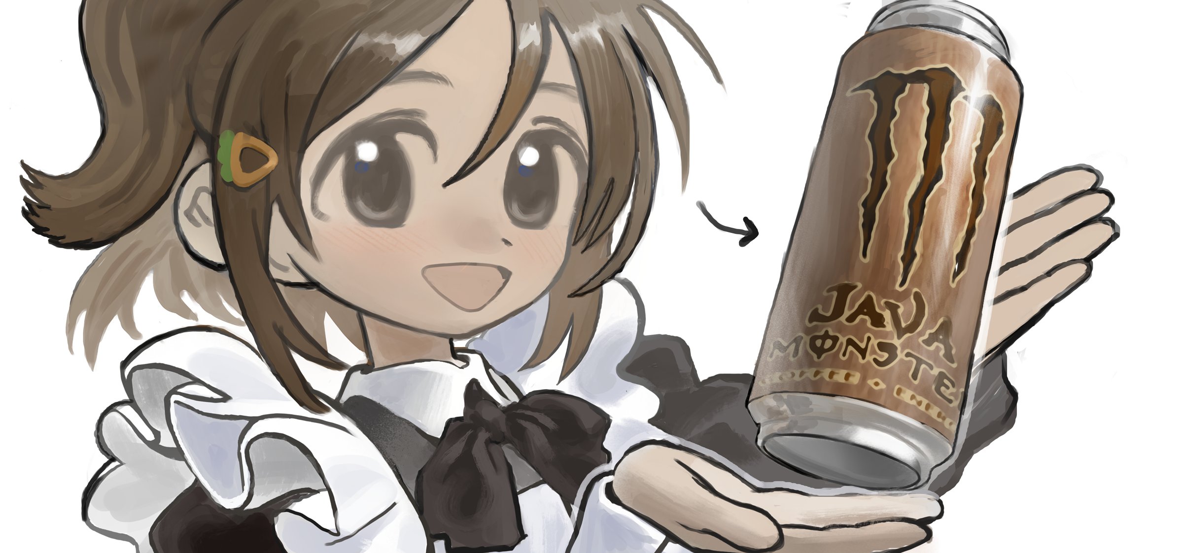 oreoppi, monster energy, original, highres, 1girl, arrow (symbol), black bow, black bowtie, bow, bowtie, brown hair, can, carrot hair ornament, coffee, food-themed hair ornament, hair ornament, holding, holding can, looking at viewer, maid, open mouth, ponytail, portrait, simple background, smile, solo, white background