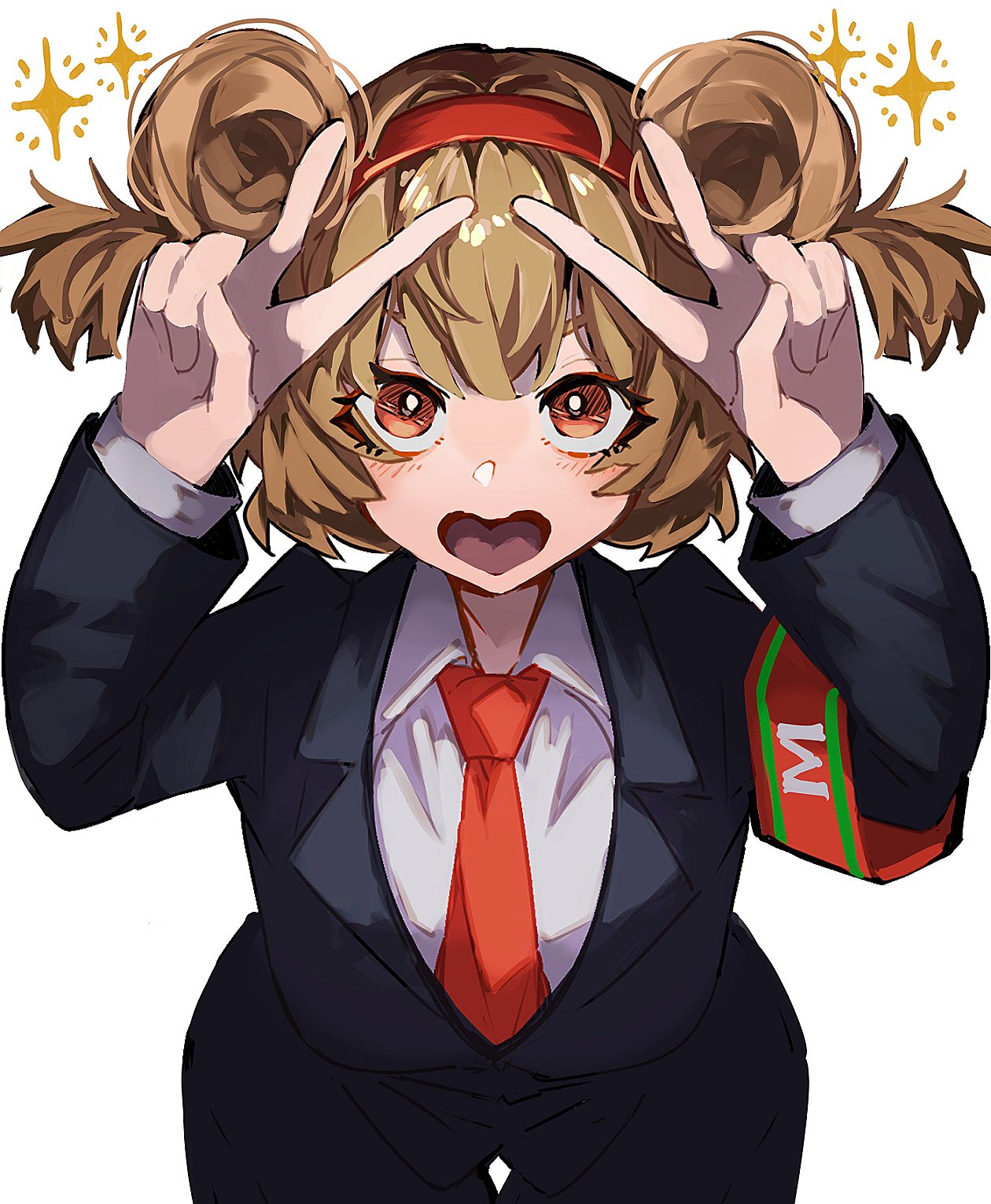 nakame77, malkuth (project moon), lobotomy corporation, project moon, highres, alternate hairstyle, armband, black jacket, black pants, brown eyes, brown hair, collared shirt, double bun, hair bun, hairband, heart-shaped mouth, jacket, long sleeves, looking at viewer, necktie, open mouth, pants, red armband, red hairband, red necktie, shirt, short hair, short twintails, simple background, solo, standing, twintails, upper body, v, white background, white shirt