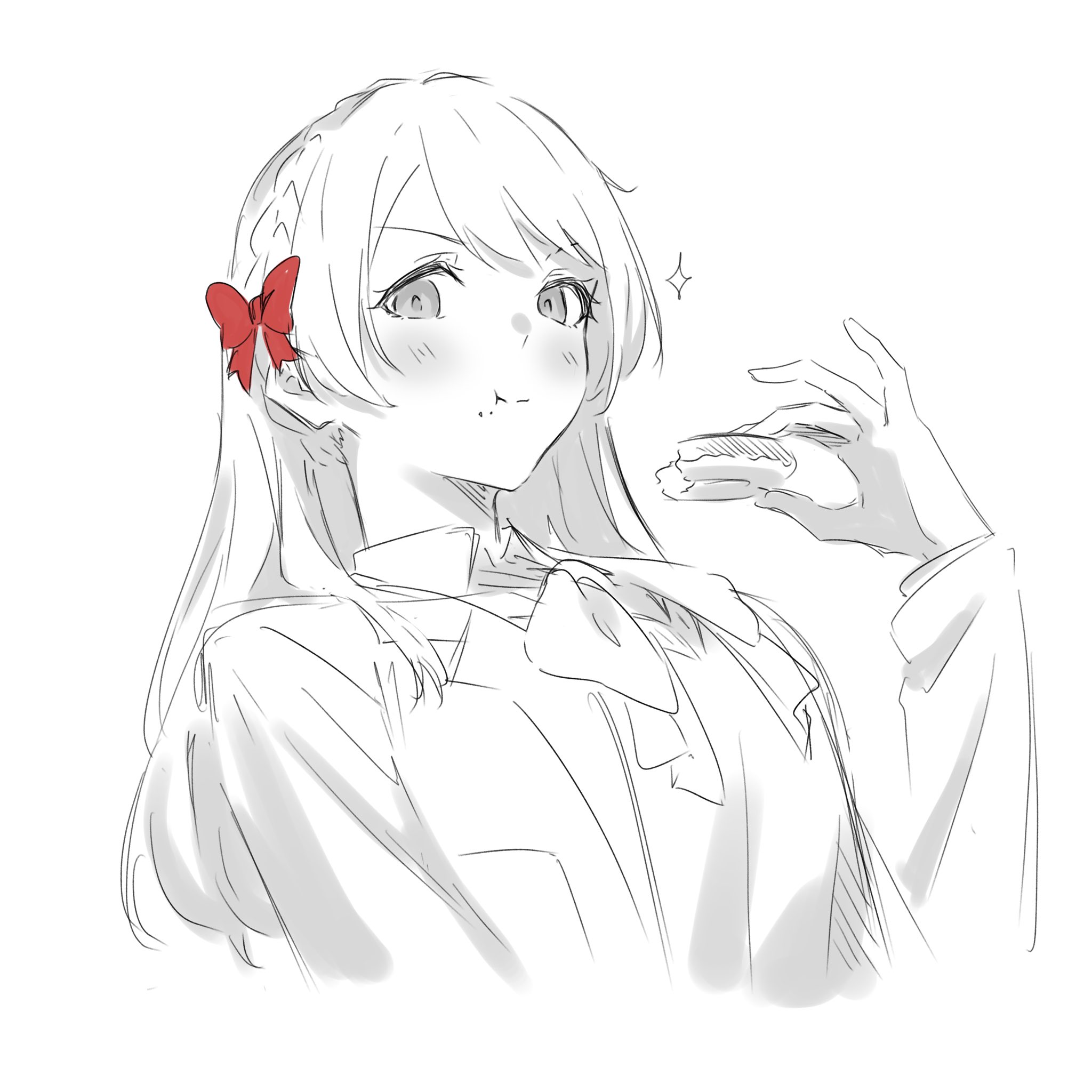 kanade (kanade 3344), aimoto rinku, d4dj, highres, 1girl, bow, braid, closed mouth, donut, eating, food, food on face, greyscale, hair bow, long sleeves, monochrome, red bow, simple background, solo, spot color, upper body, white background