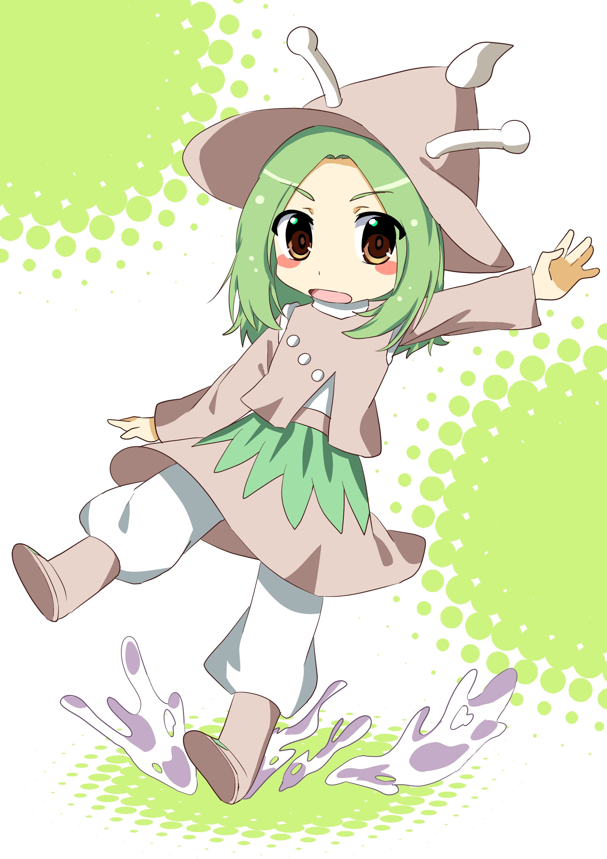 kurokoge karubi, amanomori shou, len'en, absurdres, highres, 1other, 2000s (style), androgynous, anime coloring, antennae, baggy pants, blush stickers, boots, brown boots, brown eyes, brown hat, brown skirt, brown sleeves, brown vest, detached sleeves, dot nose, faux retro artstyle, full body, green background, green hair, halftone, hat, long hair, long sleeves, miniskirt, open mouth, other focus, outstretched arm, pants, pants under skirt, shirt, skirt, slime (substance), smile, solo, tareme, two-tone background, vest, white background, white pants, white shirt