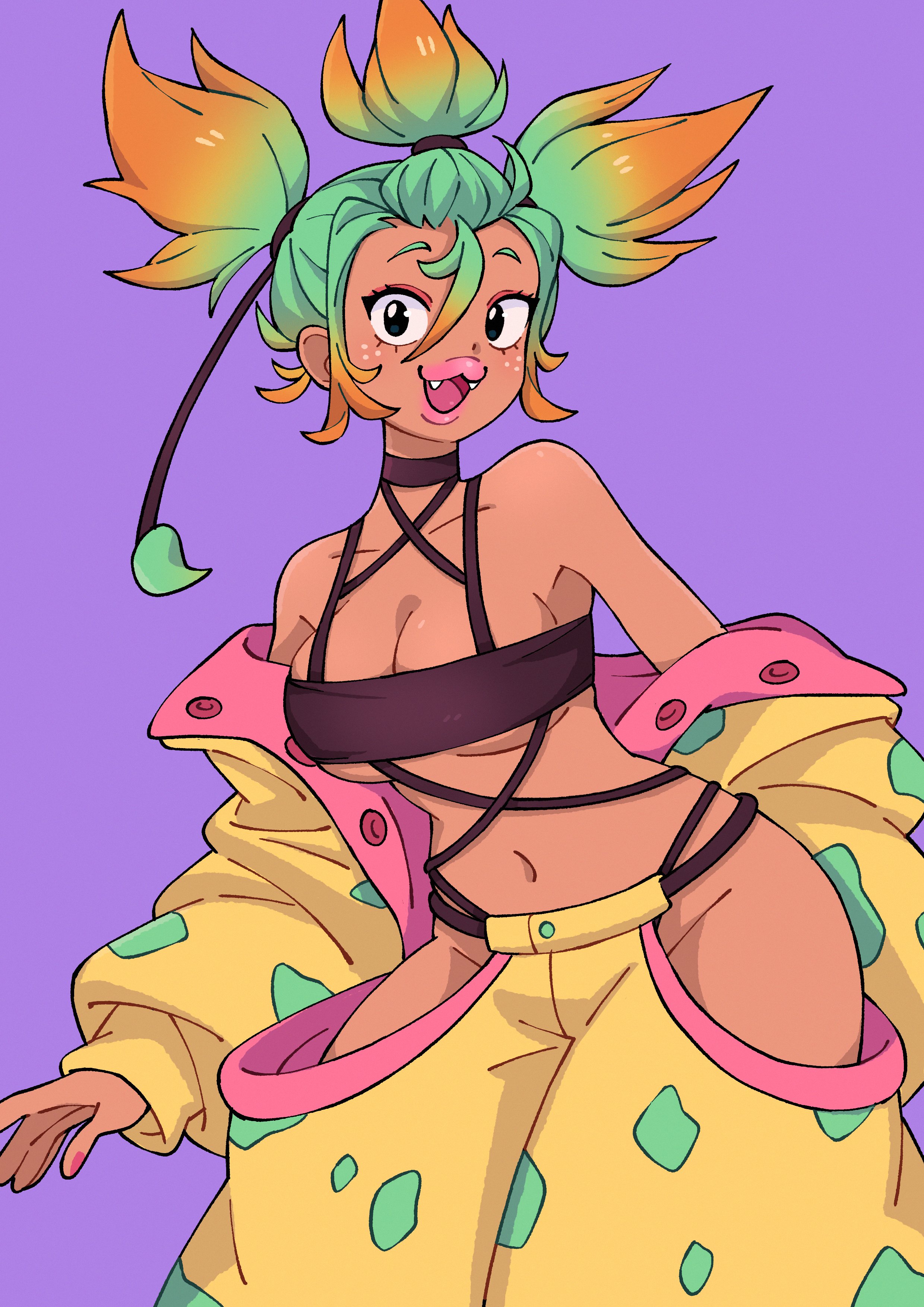 doodlelotl, mega victreebel, victreebel, nintendo, pokemon, absurdres, highres, 1girl, :3, baggy pants, bandeau, bare shoulders, black bandeau, black tube top, breasts, clothing cutout, colored tips, eyeshadow, fangs, fingernails, freckles, gen 1 pokemon, gradient hair, green hair, hip vent, jacket, large breasts, lipstick, long sleeves, looking at viewer, makeup, multicolored hair, nail polish, navel, off shoulder, open mouth, orange hair, pants, personification, pink lips, pink nails, puffy long sleeves, puffy sleeves, red eyeshadow, sideboob, smile, solo, strapless, thick lips, tri tails, tube top, two-tone hair, yellow jacket, yellow pants