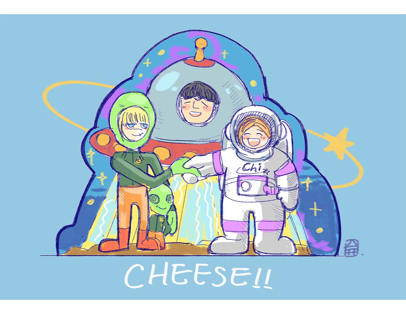 badeni, jolenta, chi.: chikyuu no undou ni tsuite, 1girl, 2boys, :d, = =, ^ ^, albert brudzewski (chi.), alien, blonde hair, blue background, blue eyes, closed eyes, english text, flying saucer, helmet, multiple boys, open mouth, orange hair, scar, scar on face, scar on mouth, short hair, smile, space helmet, spacecraft, spacesuit, valunart
