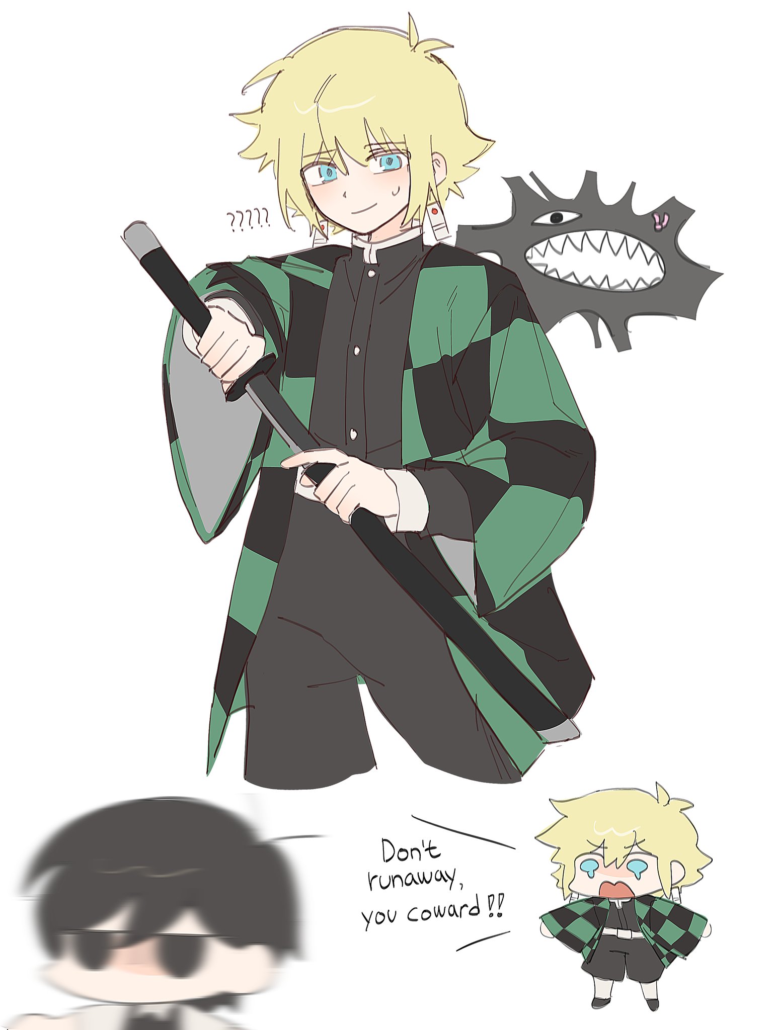 iomor snuuy, basil (faraway) (omori), basil (omori), kamado tanjirou, something (omori), sunny (omori), kimetsu no yaiba, omori, highres, 2boys, ?, ??, antenna hair, black eyes, black hair, black pants, black sweater vest, blonde hair, blue eyes, chibi, closed mouth, collared shirt, cosplay, demon slayer uniform, earrings, holding, holding sheath, holding sword, holding weapon, jewelry, kamado tanjirou (cosplay), long sleeves, male focus, multiple boys, open mouth, pants, sheath, shirt, short hair, simple background, sweatdrop, sweater vest, sword, unsheathing, weapon, white background, white shirt