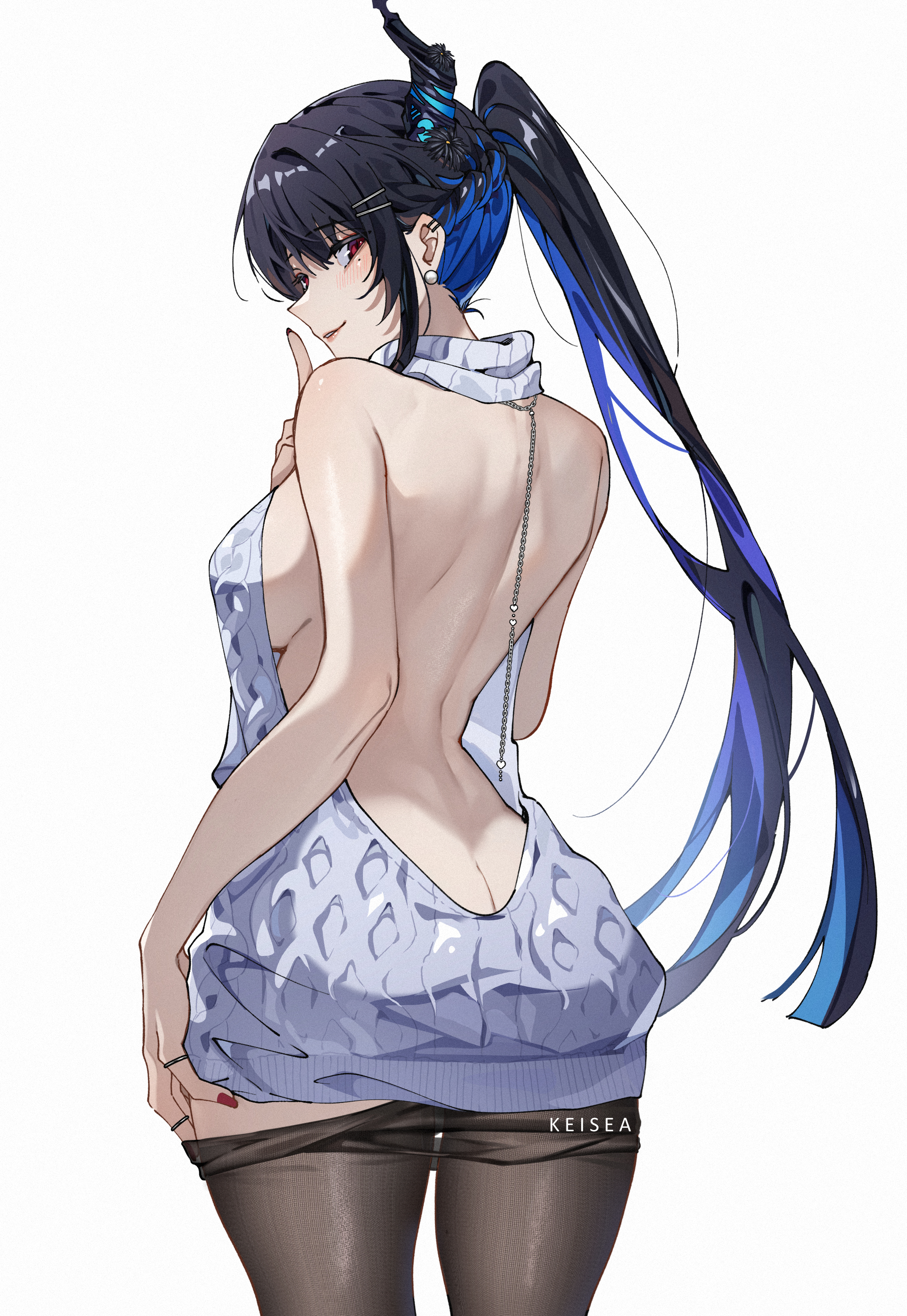 keisea, nerissa ravencroft, hololive, hololive english, absurdres, commentary, highres, symbol-only commentary, 1girl, aran sweater, backless outfit, bare back, black hair, black pantyhose, blue hair, braid, breasts, butt crack, cable knit, clothes pull, colored inner hair, dress, flower, from behind, half up braid, horn flower, index finger raised, large breasts, long hair, looking at viewer, looking back, mole, mole under eye, multicolored hair, pantyhose, pantyhose pull, ponytail, red eyes, sideboob, simple background, sleeveless, sleeveless turtleneck, smile, solo, sweater, sweater dress, turtleneck, turtleneck sweater, very long hair, virgin killer sweater, virtual youtuber, white background