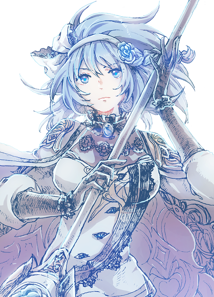 michibata 65, another eden, commentary request, 1girl, black choker, black gloves, blue eyes, blue flower, blue gemstone, blue hair, blue pupils, bow hairband, braid, breasts, cape, choker, closed mouth, crosshatching, dress, elbow gloves, floating hair, flower, frilled choker, frilled wristband, frills, gem, gloves, hair between eyes, hair flower, hair ornament, hair ribbon, hairband, hands up, hatching (texture), hisumena (another eden), holding, holding polearm, holding weapon, jewelry, large breasts, linear hatching, looking at viewer, medium hair, pendant choker, polearm, ribbon, simple background, single braid, solo, three-quarter sleeves, upper body, v-shaped eyebrows, weapon, white background, white cape, white dress, white hairband, white ribbon
