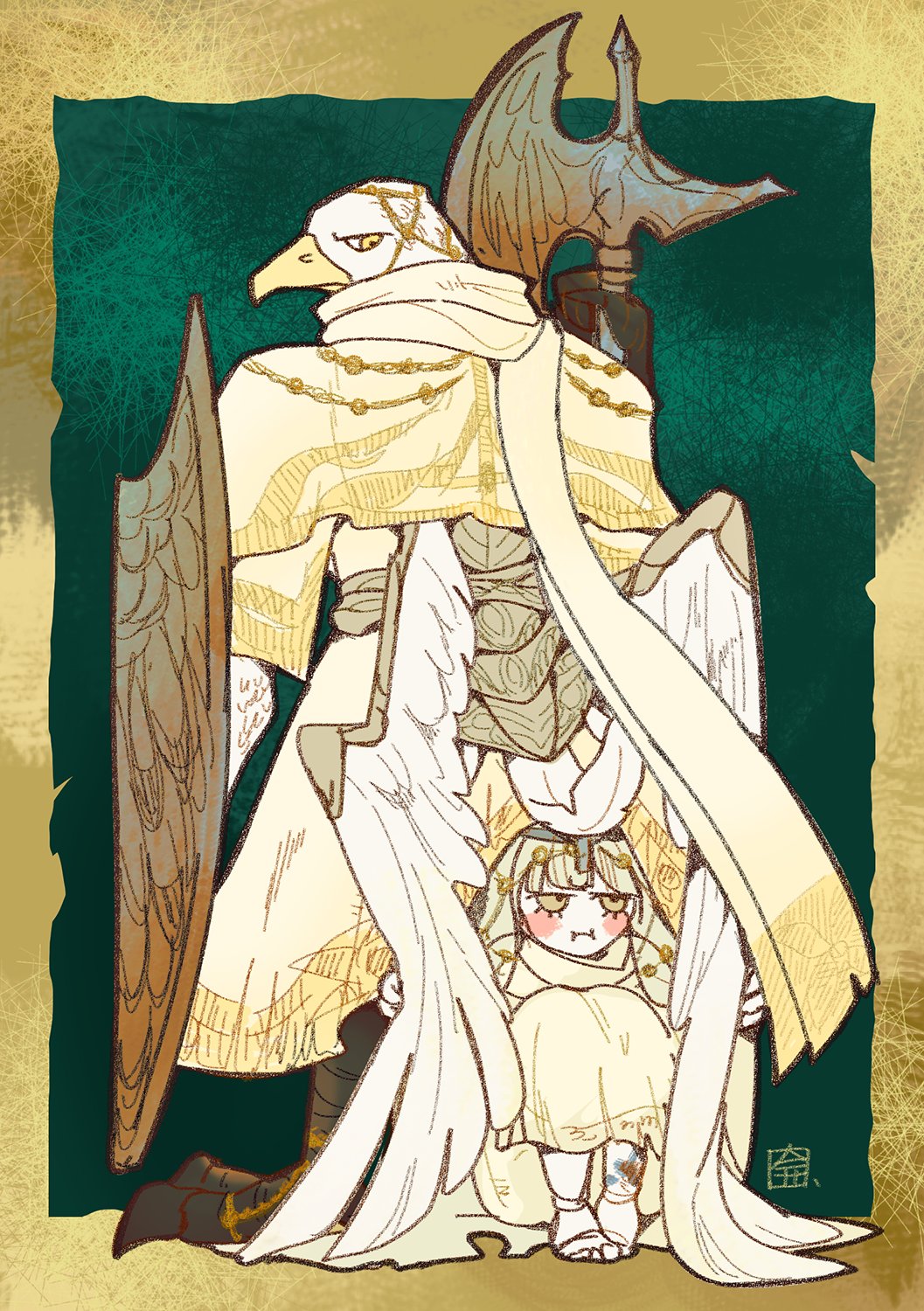 guardian (elden ring), revenant (elden ring), elden ring, elden ring nightreign, highres, 1boy, 1girl, animal head, armor, beak, bird boy, breastplate, capelet, closed mouth, doll joints, feathered wings, frown, full body, green background, halberd, holding, holding polearm, holding shield, holding weapon, jitome, joints, knees up, polearm, profile, robe, scarf, shield, sitting, standing, valunart, veil, weapon, white capelet, white robe, white scarf, wings, yellow eyes