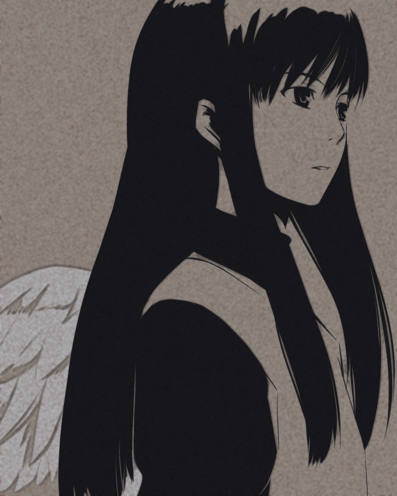 uto, reki (haibane renmei), haibane renmei, 00s, angel wings, long hair, monochrome, solo, wings