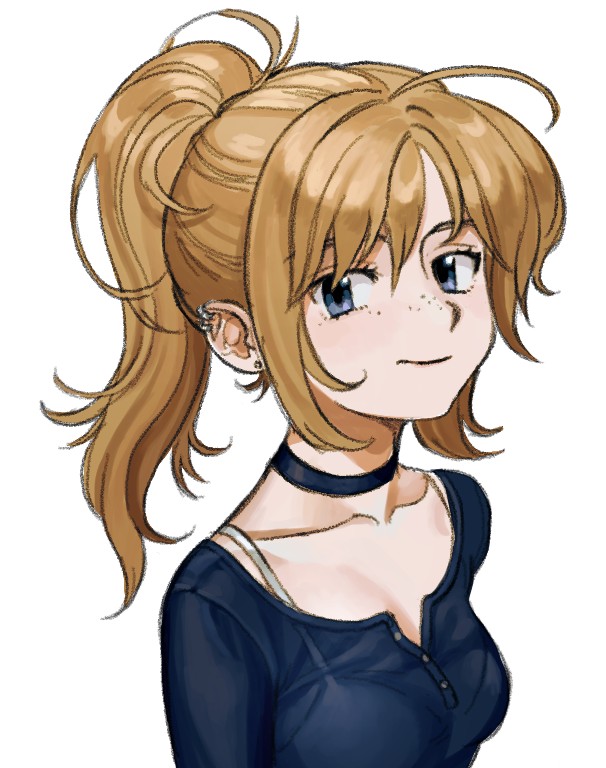 cookd shrimp, original, 1girl, blonde hair, blue eyes, blue shirt, breasts, choker, closed mouth, collarbone, ear piercing, earrings, freckles, jewelry, piercing, ponytail, shirt, simple background, solo, stud earrings, upper body, white background