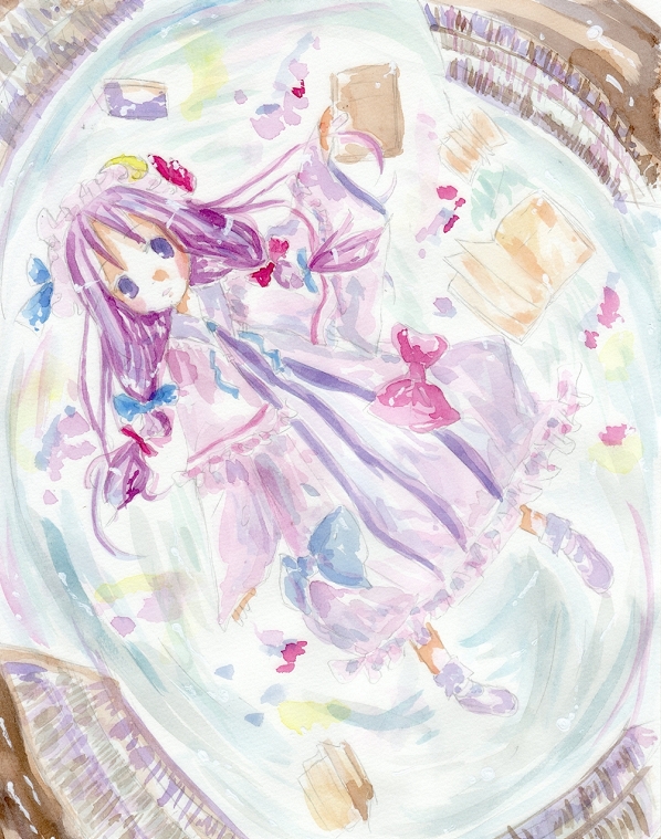 patchouli knowledge, touhou, bad id, bad pixiv id, 1girl, blue eyes, bow, female focus, full body, hat, indoors, purple hair, solo
