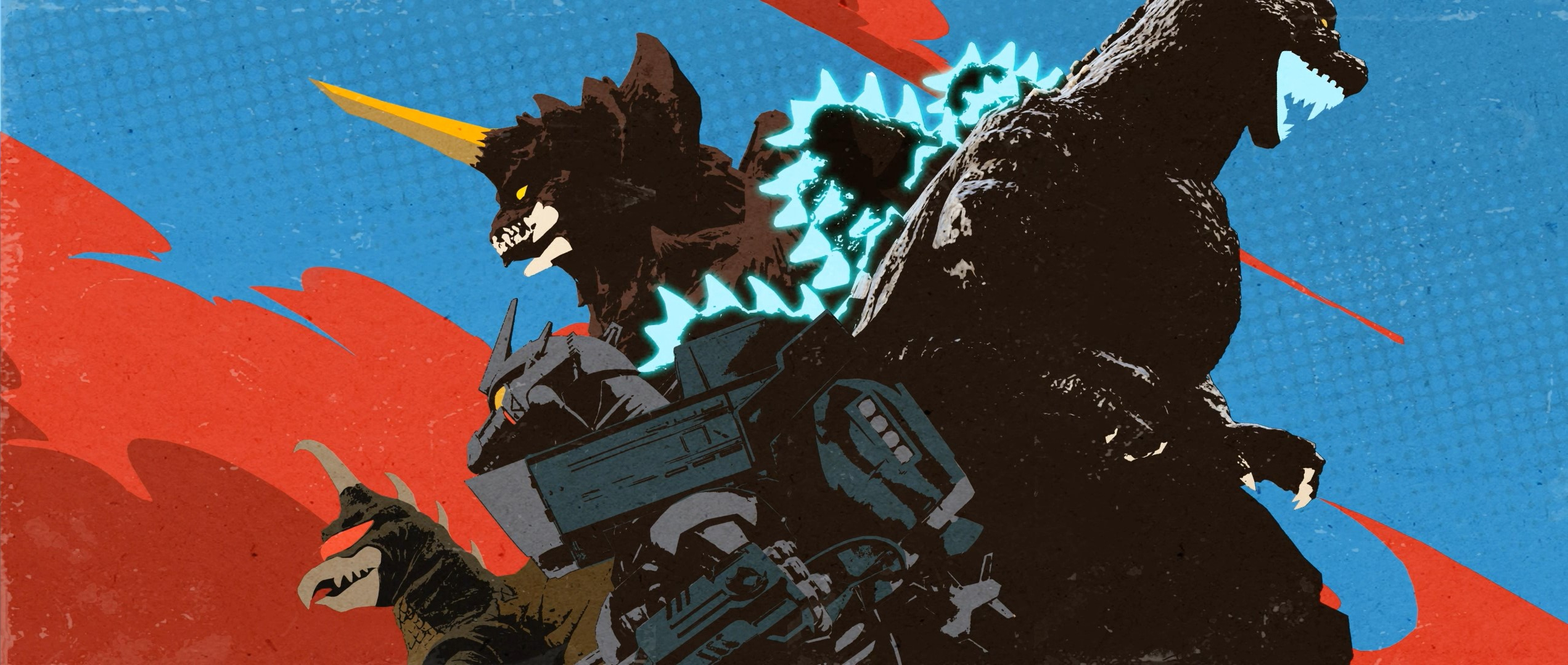 destoroyah, gigan, godzilla, kiryu (godzilla), mechagodzilla, gigabash, godzilla (series), godzilla against mechagodzilla, godzilla vs. destoroyah, godzilla vs. gigan, passion republic games, toho, artist request, highres, key visual, official art, promotional art, alien, ammunition backpack, back unit, blue background, cannon, claws, crest, crossover, cyborg, dinosaur, giant, giant monster, giant robot, glowing, glowing eyes, glowing mouth, glowing spikes, horns, jetpack, kaiju, magnetic weapon, mandibles, mecha, missile launcher, missile pod, no pupils, one-eyed, open mouth, railgun, red background, red eyes, robot, rocket launcher, rocket pod, sharp teeth, simple background, single horn, space monster, spikes, teeth, tusks, two-tone background, type-0 railgun, weapon, wings, wrist gun, yellow eyes