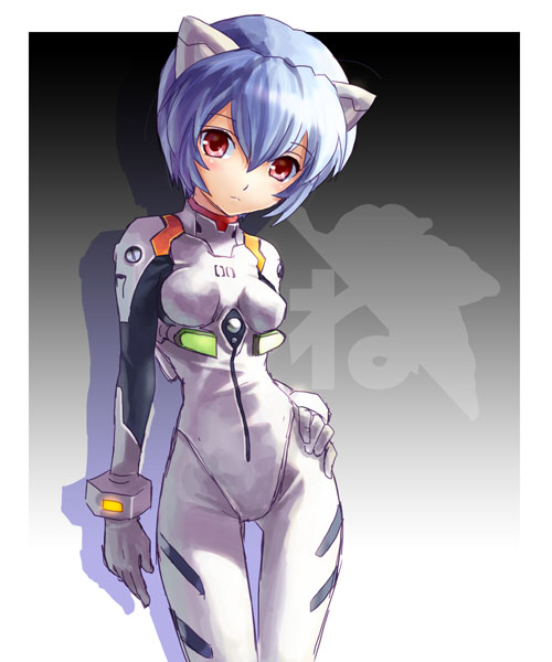 katahira masashi, ayanami rei, neon genesis evangelion, 1girl, animal ears, blue hair, bodysuit, breasts, cat ears, cowboy shot, fake animal ears, female focus, interface headset (evangelion), mecha pilot suit, nerv, plugsuit (evangelion), red eyes, short hair, small breasts, solo