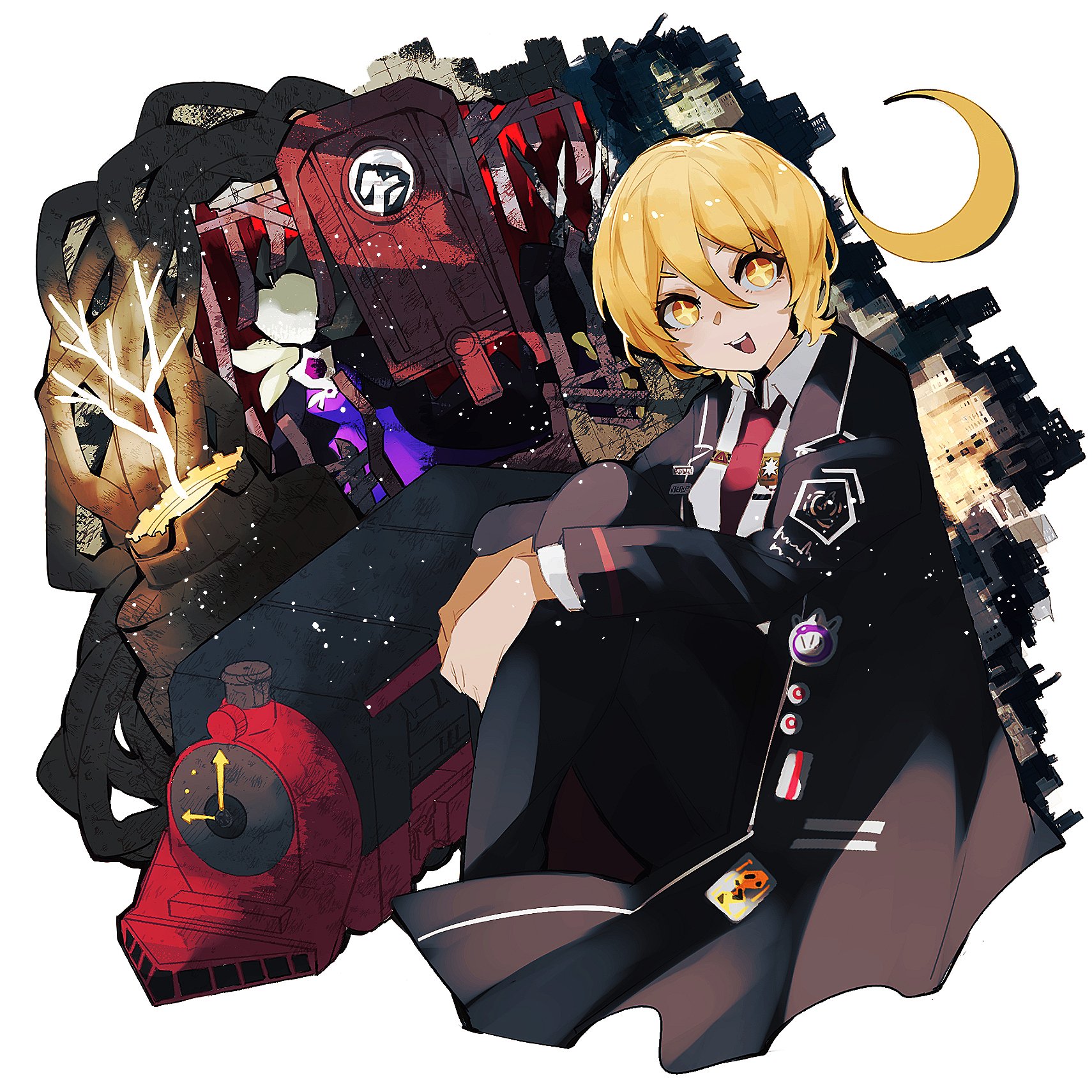 nakame77, don quixote (project moon), golden bough (limbus company), limbus company, project moon, highres, + +, 1girl, black coat, blonde hair, coat, collared shirt, crescent moon, long sleeves, looking at viewer, moon, necktie, open mouth, red necktie, shirt, short hair, simple background, sitting, solo, train, upper body, white background, white shirt, yellow eyes