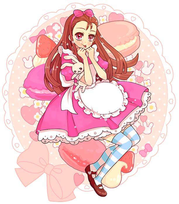 pinkmm, minase iori, idolmaster, idolmaster (classic), idolmaster 1, maid fairy tale, bad id, bad pixiv id, 00s, 1girl, :p, apron, bow, brown hair, dress, female focus, food, hair ribbon, long hair, macaron, pastry, pink bow, rabbit, red eyes, ribbon, solo, striped clothes, striped thighhighs, stuffed animal, stuffed rabbit, stuffed toy, thighhighs, tongue, tongue out
