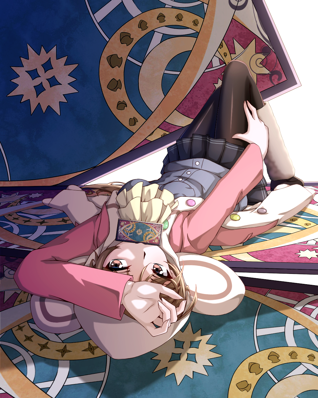 skyneko, aikawa miyuu, occultic;nine, science adventure, highres, 1girl, animal ear hood, black pantyhose, black shirt, black skirt, brown eyes, card, fake animal ears, grey jacket, holding object with mouth, hood, hood up, hooded coat, jacket, long hair, long sleeves, looking at viewer, lying, miniskirt, on back, pantyhose, pleated skirt, shiny clothes, shiny legwear, shirt, skirt, smile, solo, upside-down