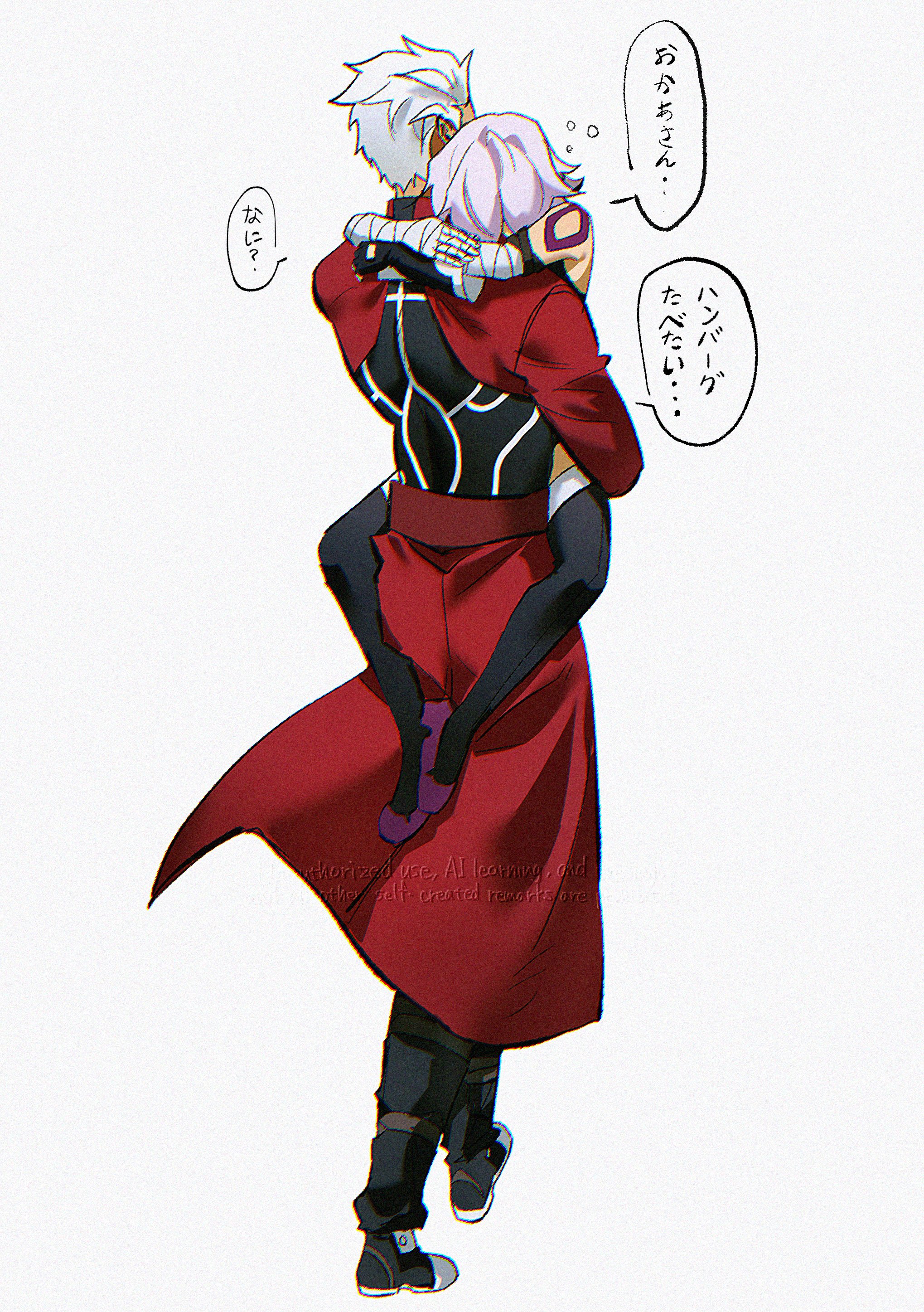 archer (fate), jack the ripper (fate/apocrypha), fate/grand order, fate (series), absurdres, highres, 1boy, 1girl, armor, carrying, carrying person, coat, code3755, red coat, simple background, spiked hair, tall male, white hair