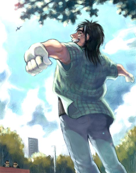 kitano (no name), itou kaiji, kaiji, artist request, 1boy, black hair, day, denim, gloves, jeans, male focus, outdoors, outstretched arms, pants, sky, solo, standing, stretching, wrist extended