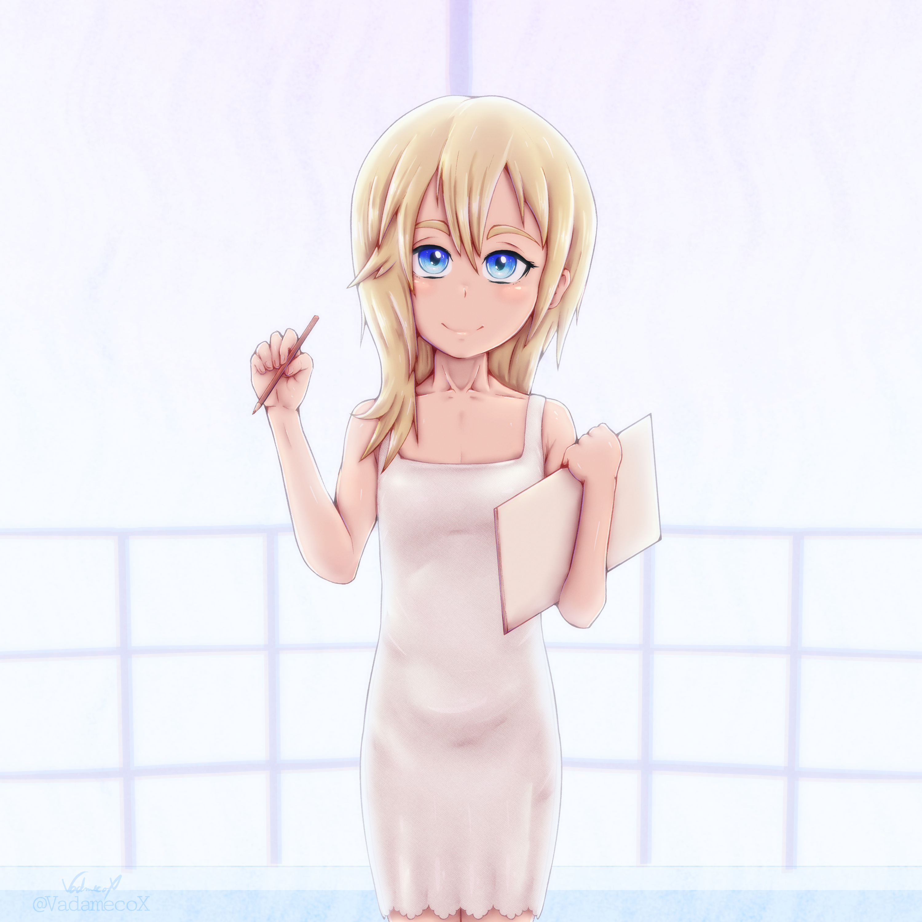 vadamecox, namine, kingdom hearts, kingdom hearts: chain of memories, blonde hair, blue eyes, dress, holding, holding pencil, looking at viewer, pencil, smile, standing, white dress