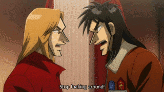 itou kaiji, kitami (kaiji), kaiji, animated, animated gif, anime screenshot, lowres, 5boys, headbutt, indoors, jacket, multiple boys, standing, subtitled