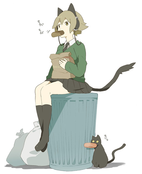 hayato (meromoni), original, 1girl, animal ears, brown eyes, brown hair, cat, donut, female focus, food, green shirt, headphones, necktie, school uniform, serafuku, shirt, short hair, sitting, skirt, socks, solo, sweater, tail
