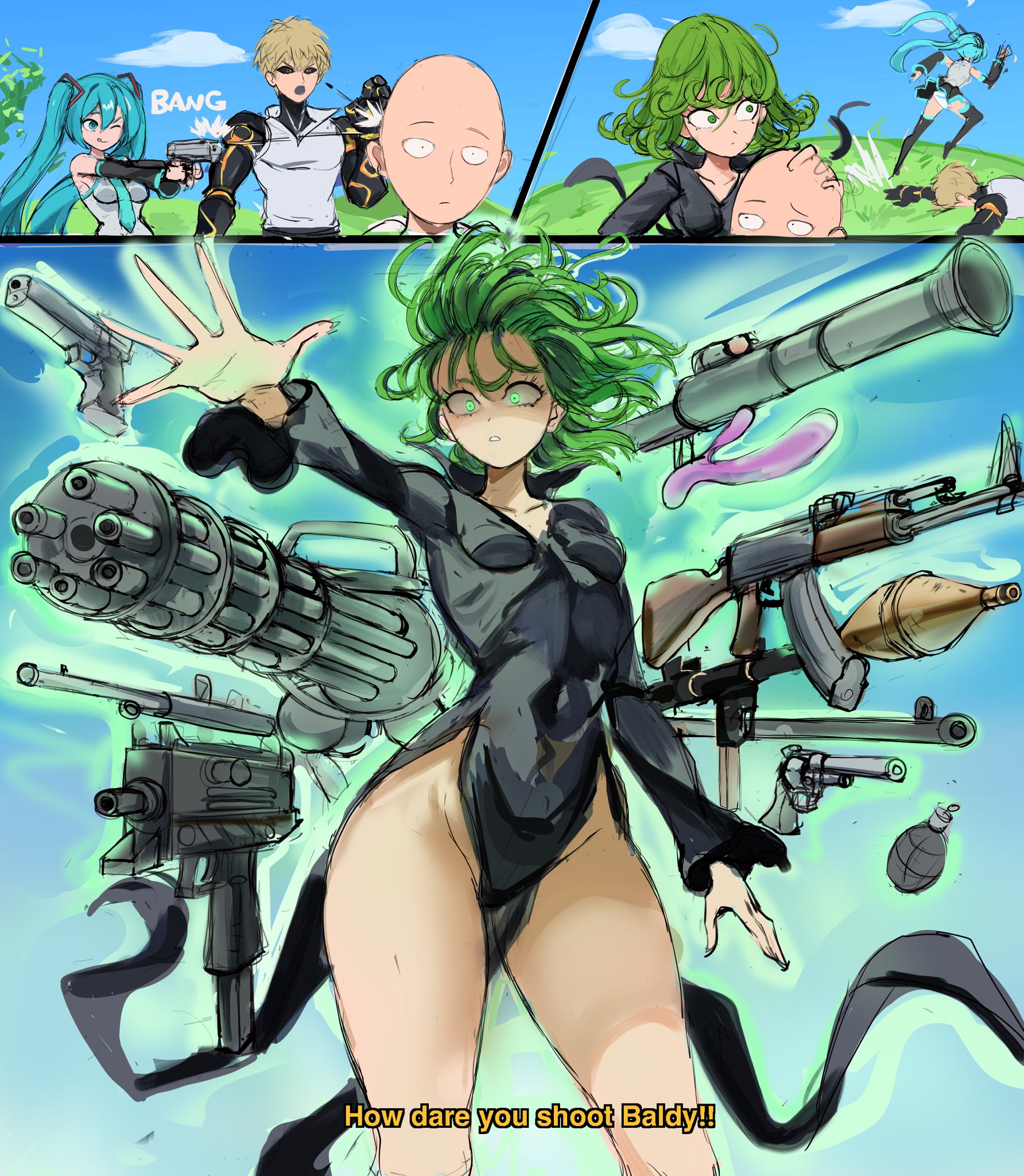 rakeemspoon, genos, hatsune miku, saitama (one-punch man), tatsumaki, fortnite, one-punch man, vocaloid, commentary, english commentary, highres, revision, 2boys, 2girls, akm, aqua eyes, aqua hair, assault rifle, bald, black dress, black sclera, blonde hair, blue sky, breasts, colored sclera, cyborg, dildo, dress, energy, english text, explosive, firing, gatling gun, green eyes, green hair, grenade, groin, gun, handgun, kalashnikov rifle, multiple boys, multiple girls, necktie, open hand, parted lips, pelvic curtain, revolver, rifle, rocket launcher, rpg, rpg-7, rpg (weapon), running, sex toy, sky, small breasts, submachine gun, thighs, uzi pro, weapon, when you see it, yellow eyes