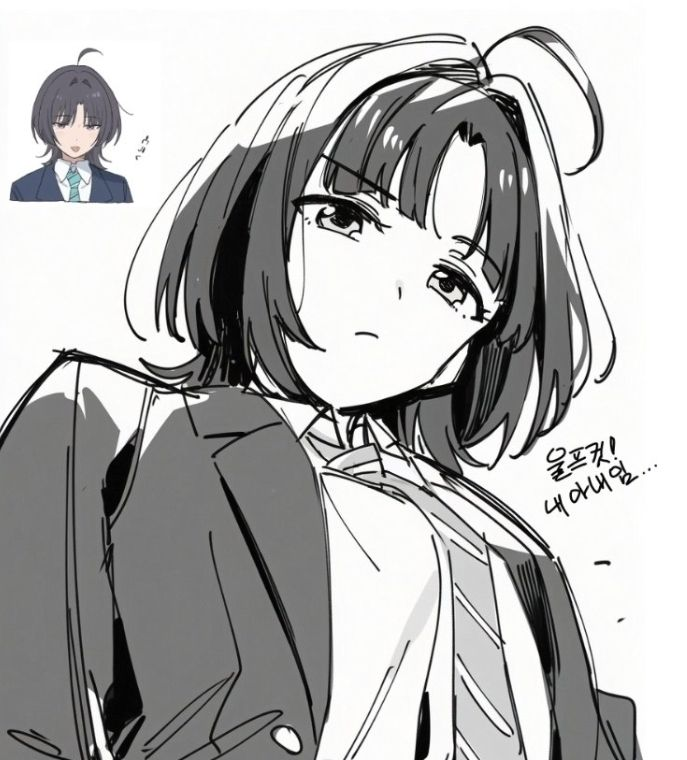 awa subaru, girls band cry, commentary request, korean commentary, translation request, 1girl, ahoge, am 0410, closed mouth, diagonal-striped clothes, diagonal-striped necktie, jacket, korean text, looking at viewer, medium hair, necktie, reference inset, shirt, solo, striped clothes, wolf cut