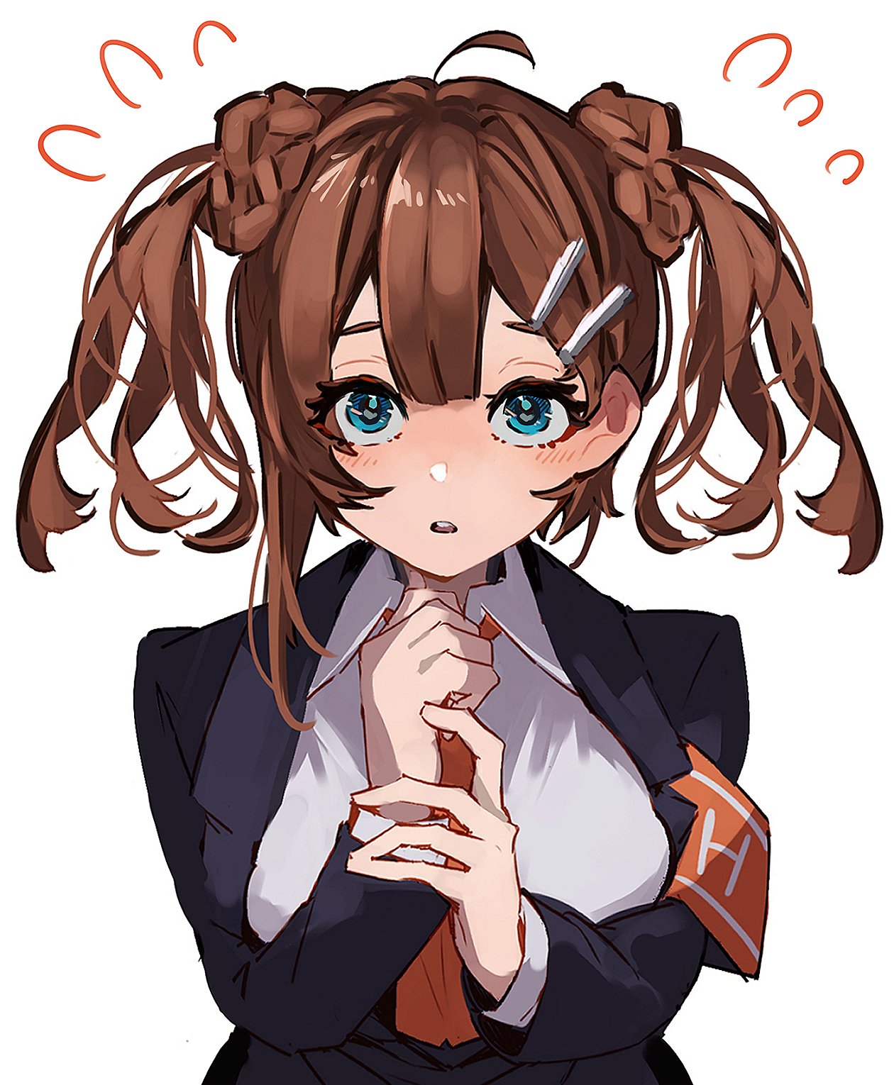 nakame77, hod (project moon), lobotomy corporation, project moon, highres, 1girl, :o, ahoge, alternate hairstyle, armband, black jacket, blue eyes, braid, breasts, brown hair, collared shirt, hair ornament, hairclip, jacket, large breasts, long hair, long sleeves, looking at viewer, necktie, open mouth, orange armband, orange necktie, shirt, simple background, solo, twintails, upper body, white background, white shirt