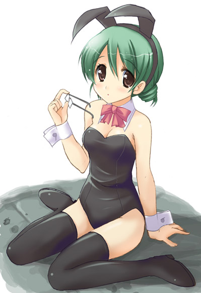 natsume remon, strawberry panic!, 00s, 1girl, animal ears, black eyes, boots, bow, bowtie, fake animal ears, female focus, glasses, green hair, leotard, pink bow, playboy bunny, rabbit ears, short hair, solo, thigh boots, thighhighs, wrist cuffs