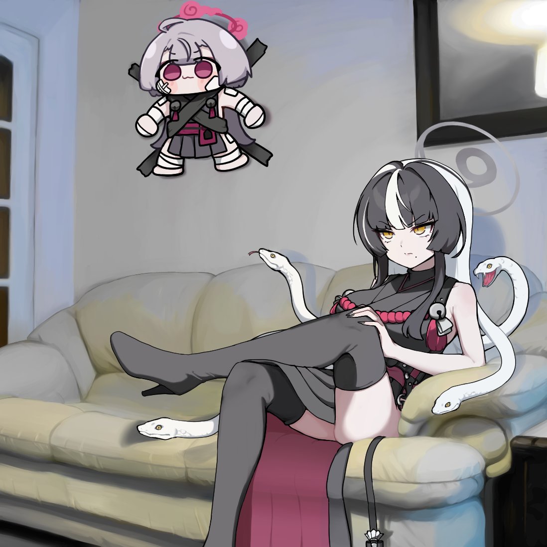 azami (blue archive), shuro (blue archive), blue archive, 2girls, bandaged arm, bandages, black hair, black kimono, bound, chibi, couch, crossed legs, duct tape, gauze, gauze on cheek, gauze on face, grey hair, halo, indoors, japanese clothes, kid taped to wall (meme), kimono, leviathan lvat, long hair, meme, multicolored hair, multiple girls, on couch, photo background, red eyes, sideless kimono, sitting, slit pupils, snake, snake hair, tape, tied up (nonsexual), two-tone hair, white hair, yellow eyes
