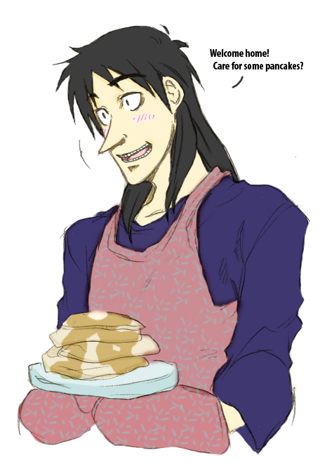 itou kaiji, kaiji, tagme, apron, english text, food, male focus, oven mitts, pancake, solo