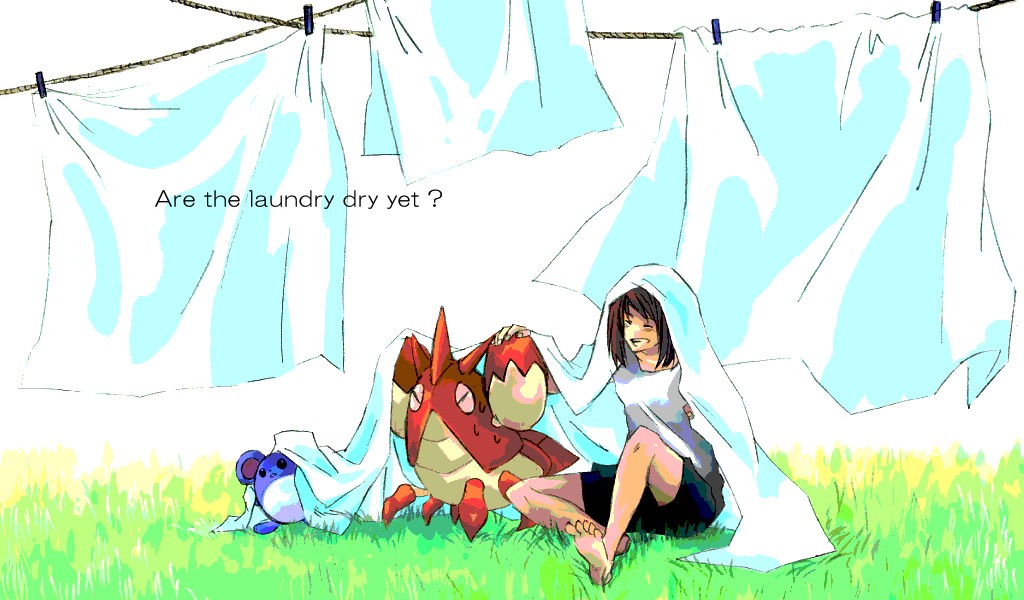 heigani, taoru (t kiji), wp3, corphish, marill, may (pokemon), nintendo, pokemon, pokemon rse, 00s, 1girl, blush, brown hair, closed eyes, english text, engrish text, gen 2 pokemon, gen 3 pokemon, grass, laundry, pokemon (creature), ranguage, sitting, smile, teeth