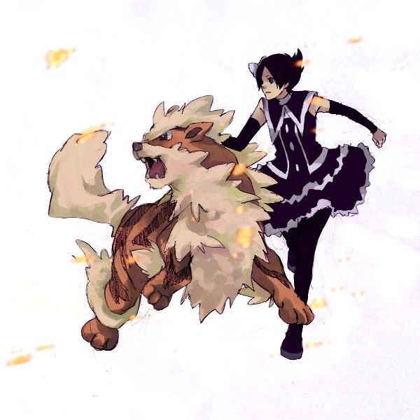 taoru (t kiji), arcanine, marley (pokemon), nintendo, pokemon, pokemon dppt, 00s, 1girl, black hair, black pantyhose, bow, fire type, gen 1 pokemon, gothic lolita, hair bow, lolita fashion, pantyhose, pokemon (creature), running, simple background, white background, windie