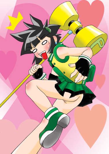 matsubara kaoru, powered buttercup, powerpuff girls, powerpuff girls z, 00s, 1girl, ass, black hair, cleft of venus, female focus, hammer, no panties, pussy, skirt, solo, uncensored